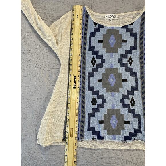 Wildfox Sz S Aztec Geometric Blue Coated Front LS Oversized Sweater USA - Picture 6 of 7